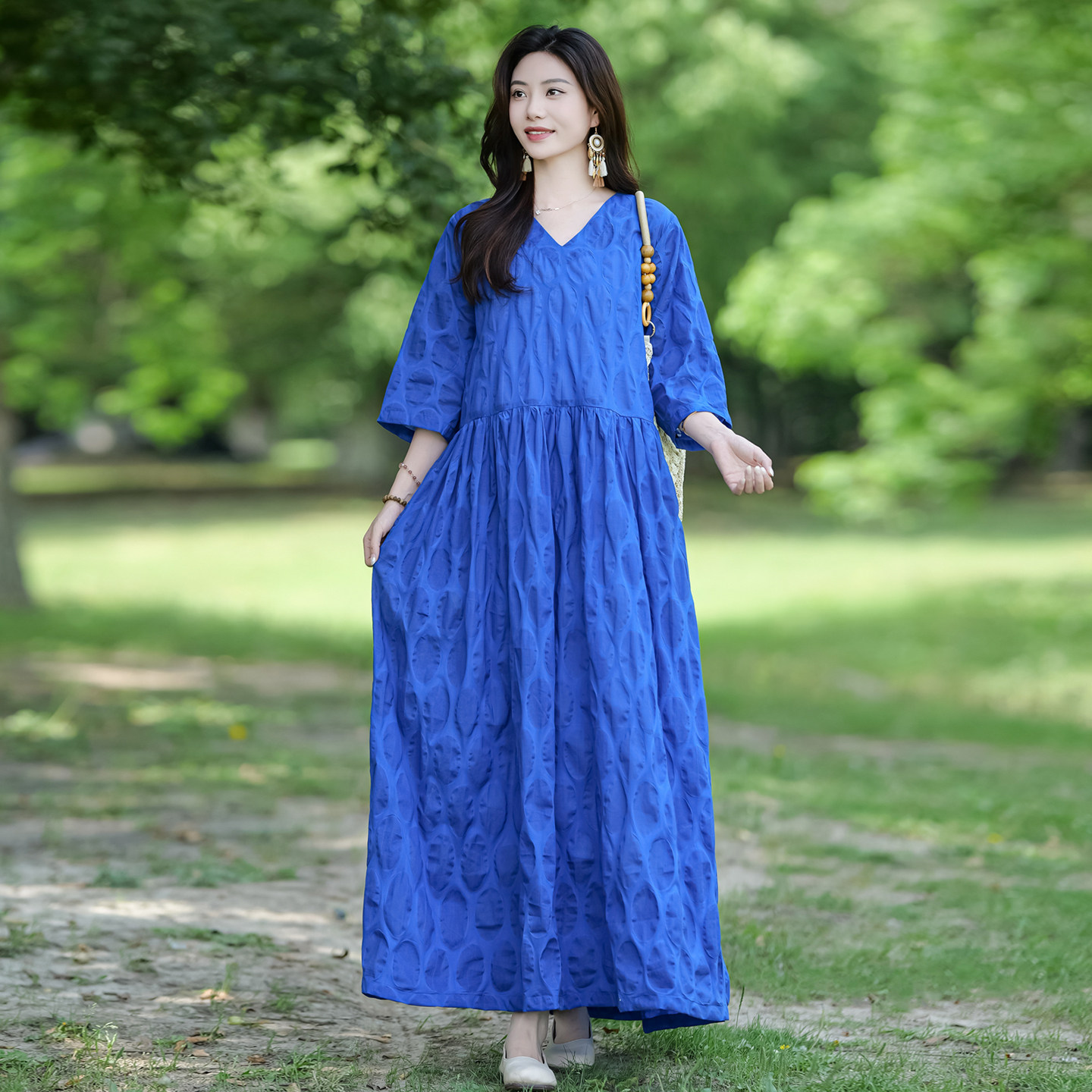 克莱因蓝袍子连衣裙夏款纯棉