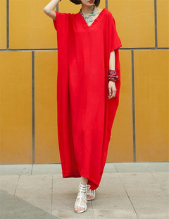 欧美范街头走秀款 长裙 超宽松显瘦短袖 红色袍子连衣裙夏原创设计