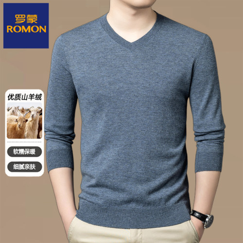 罗蒙中老年男士V领纯羊绒针织衫