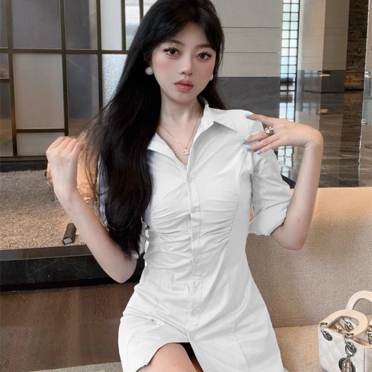 性感Polo领白衬衣女装七分袖气质收腰A字裙时尚个性中长款衬衫裙