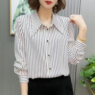 2026新款女装春秋时尚百搭条纹衬衫女设计感小众长袖衬衣外穿上衣