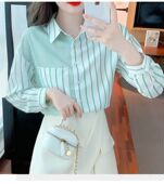 新款 条纹衬衫 港风女装 时尚 女别致显瘦拼色上衣气质百搭 长袖 春秋季