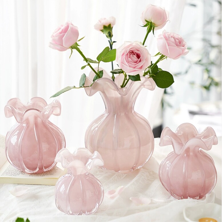 花瓶摆件客厅插花玻璃轻奢高级感粉色高端餐桌玄关法式小花瓶