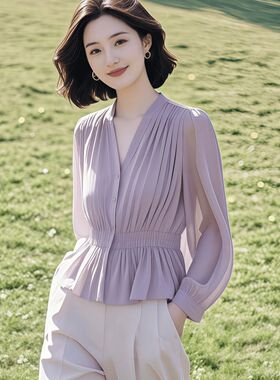 春夏款裙摆收腰上衣法式通勤穿搭设计感V领洋气小衫紫色衬衫女装