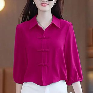 中国风春季 衬衫 宽松显瘦百搭衬衣气质七分袖 遮肚子盘扣上衣女小衫