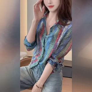 2025夏季 宽松显瘦百搭减龄小众上衣港风复古撞色条纹长袖 衬衫 女装