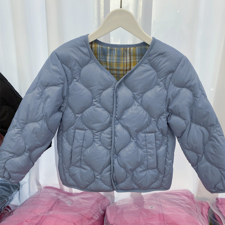 犹家双面穿格子无领内胆韩版儿童羽绒服男女童葫芦纹百搭轻薄外套