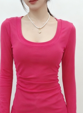 黑色低领打底衫女秋冬内搭修身长袖纯棉T恤U领上衣2025新款性感风