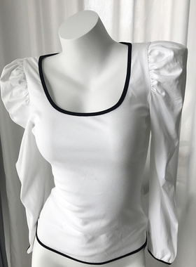 泡泡袖紧身显胸打底衫U领2025春秋款低胸性感显瘦大领口长袖t恤女