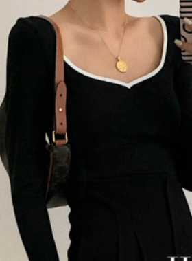 甜辣方领长袖T恤女修身内搭春秋新款露锁骨紧身打底ins潮纯欲上衣