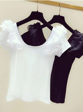 荷叶边短袖T恤女夏季时尚洋气上衣修身显瘦气质95棉性感露背小衫