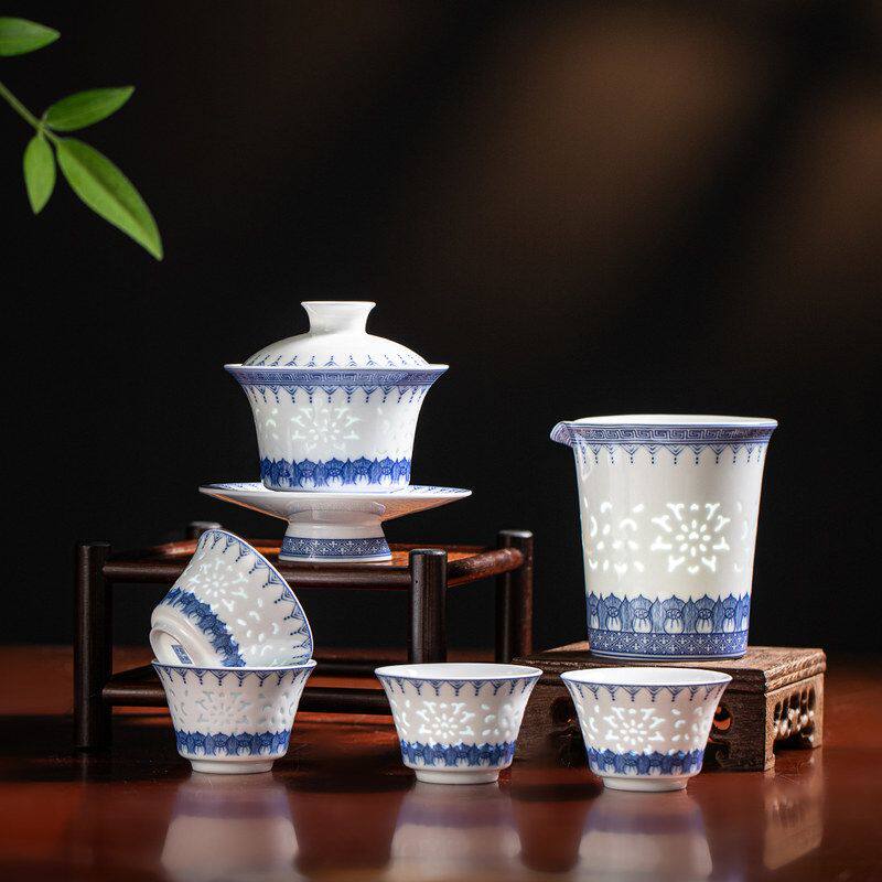 景德镇青花瓷茶具玲珑瓷三才盖碗茶具套装家用功夫茶具全套一整套