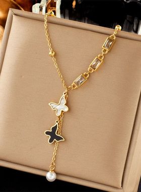 HTZS跨境不掉色钛钢蝴蝶流苏项链女轻奢高级感锁骨链新毛衣链配饰