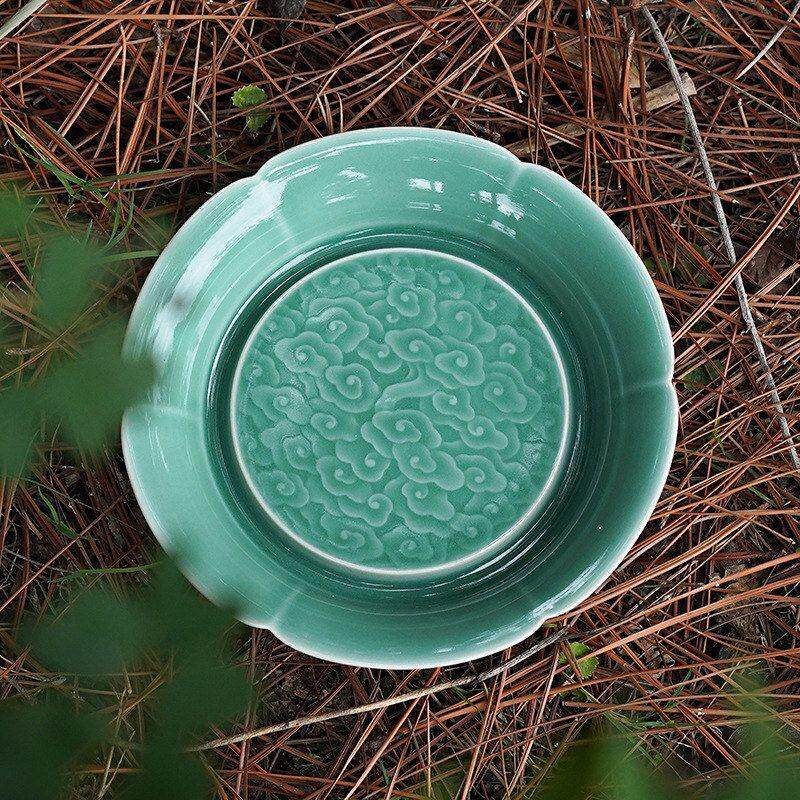 龙泉青瓷茶盘套装家用功夫茶具托盘浮雕祥云纹茶海茶托盘绿色陶瓷