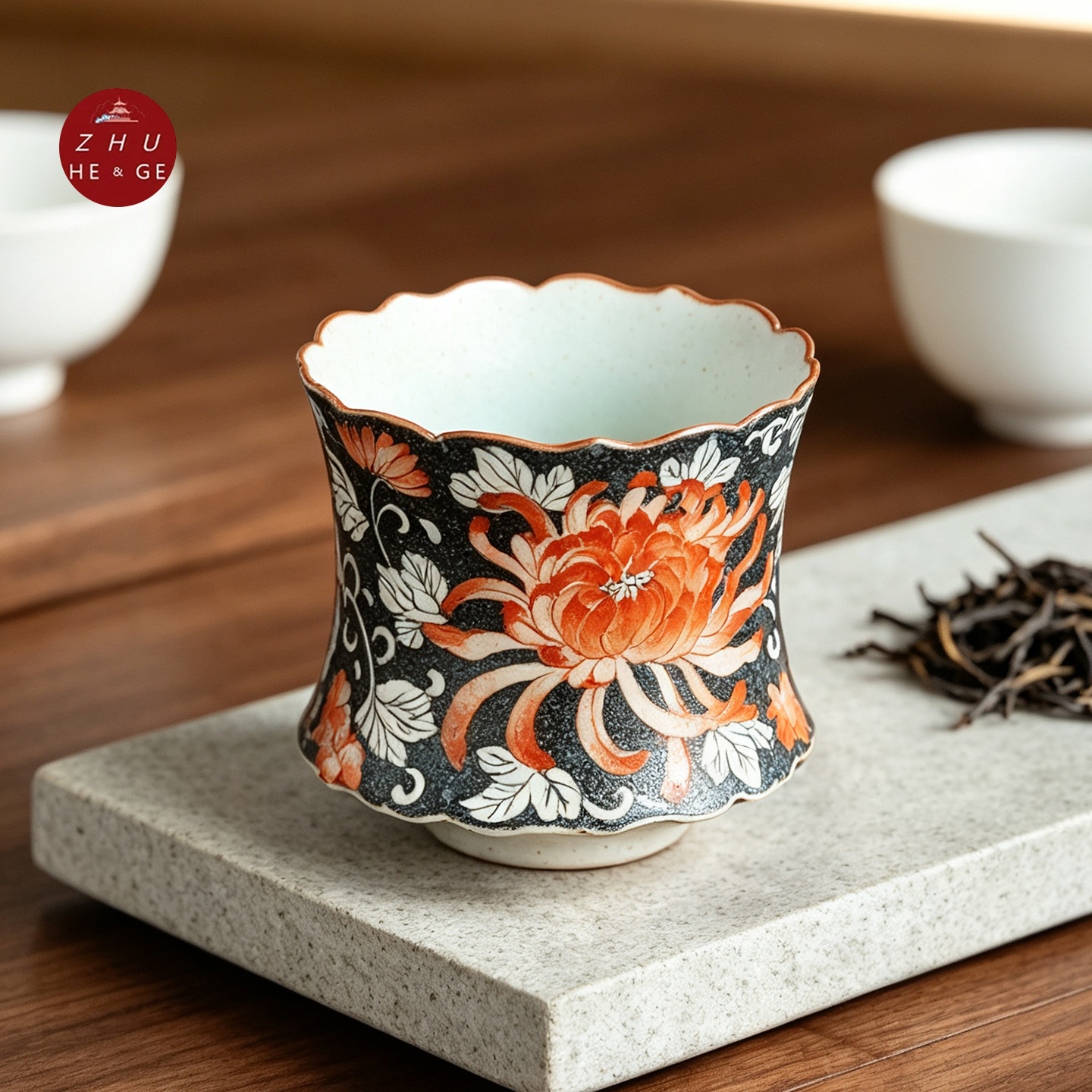 景德镇手绘菊花波浪边品茗杯