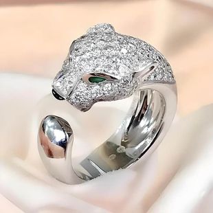 HTZS跨境钛钢不掉色白金色钻石豹子头戒指老虎头莫桑石情侣戒指环