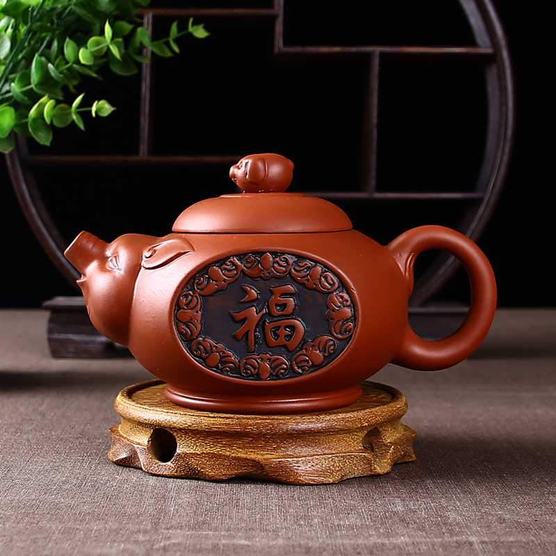 宜兴紫砂壶福气猪壶纯手工功夫茶具家用泡茶壶大朱泥茶壶茶杯套装