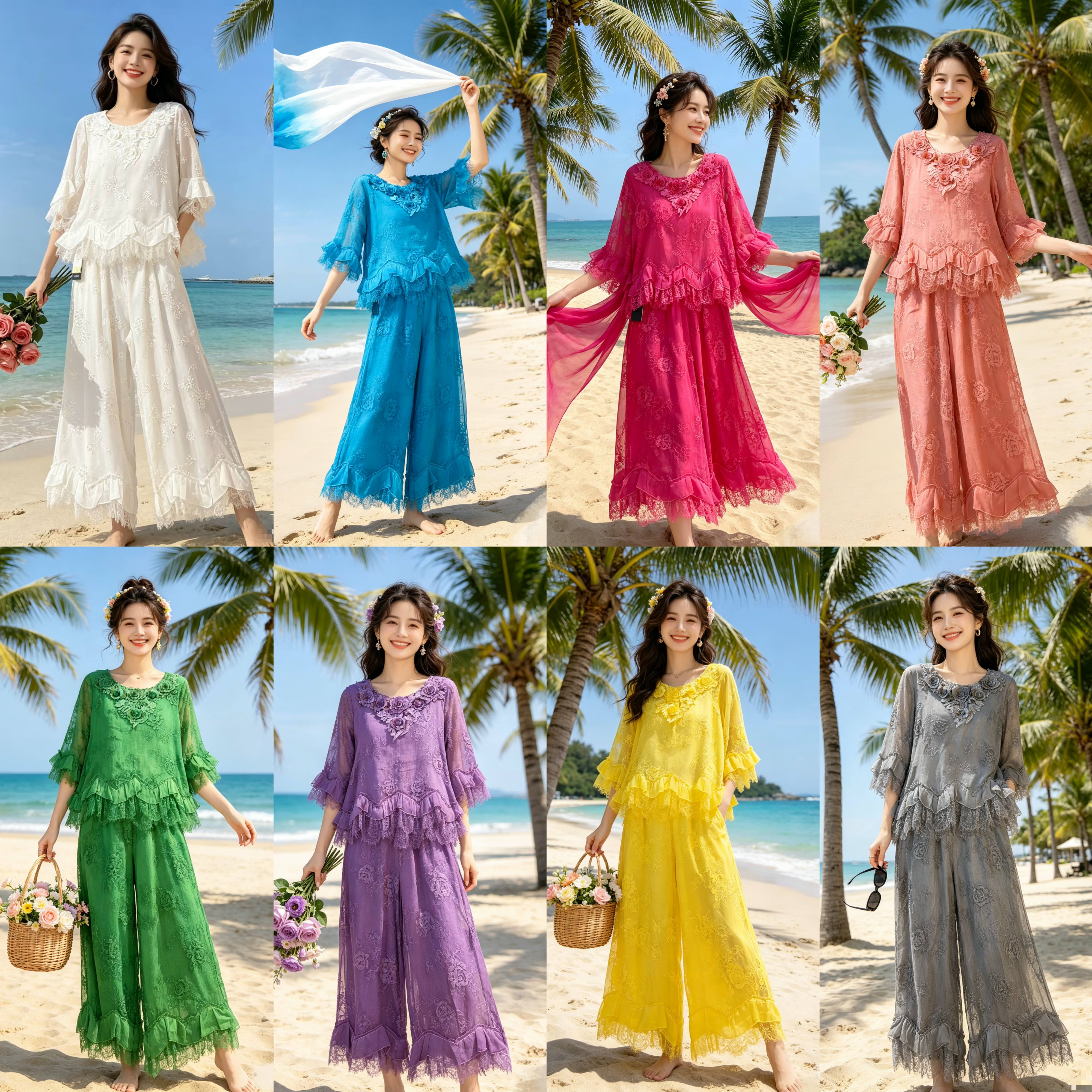 贵夫人真丝刺绣阔腿裤套装女夏