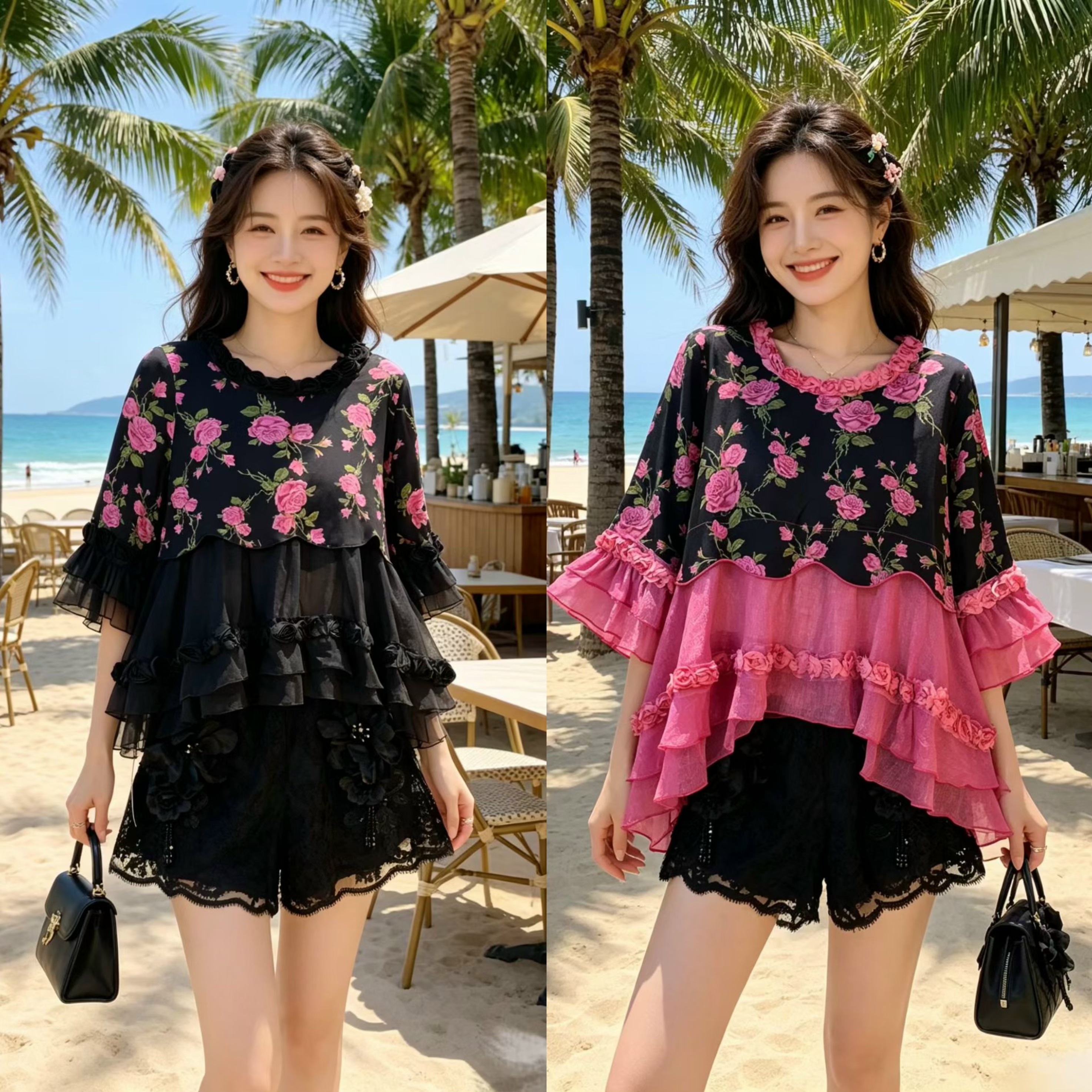 夏季复古印花雪纺衫女显瘦圆领