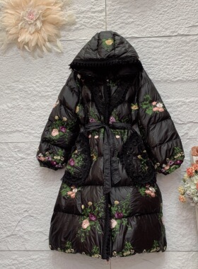 2025复古中国风刺绣黑色长款羽绒服女连帽重工刺绣白鸭绒保暖外套