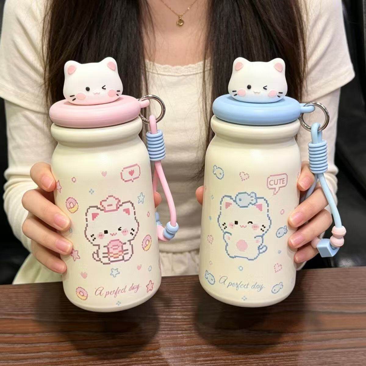 大容量可爱卡通情侣内胆保温杯女生高颜值大容量学生便携吸管水杯