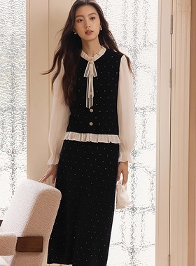 珂莱商场同款25冬新款丝绒蝴蝶结拼接针织衫半身裙套装 KD04573Q7