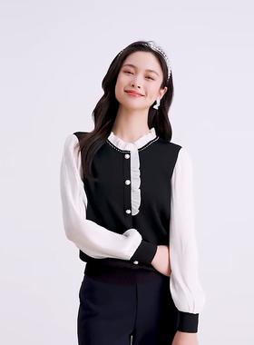 珂莱商场同款25冬新款优雅木耳边针织拼接气质针织衫女 KZ03531W0