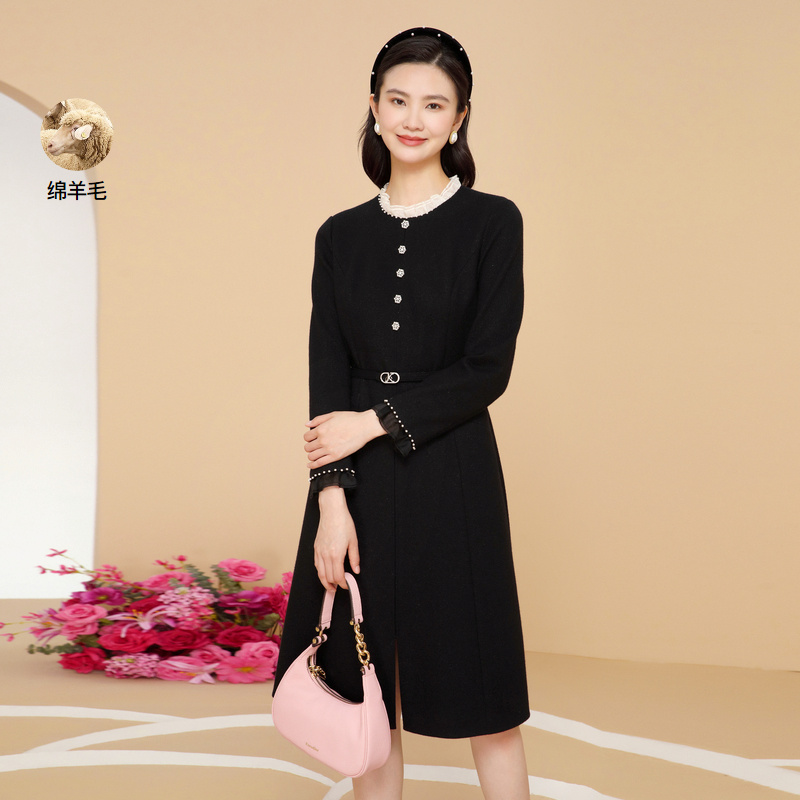 珂莱蒂尔2023冬季新款收腰显瘦羊毛呢连衣裙正品女黑色 KF09885W0