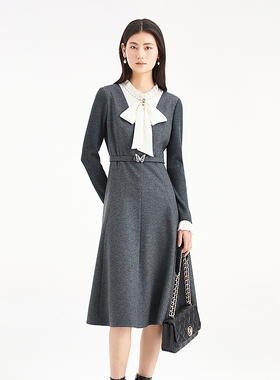 珂莱商场同款25冬新款蝴蝶结飘带领拼接显瘦连衣裙女 KF12615W0