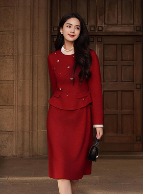珂莱商场同款26春新款气质圆领显瘦假两件羊毛连衣裙女 KF12943W0