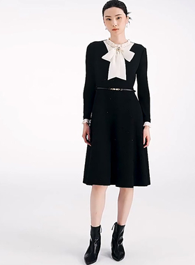 珂莱商场同款25冬新款蝴蝶结飘带领拼接显瘦连衣裙女 KF12615W0