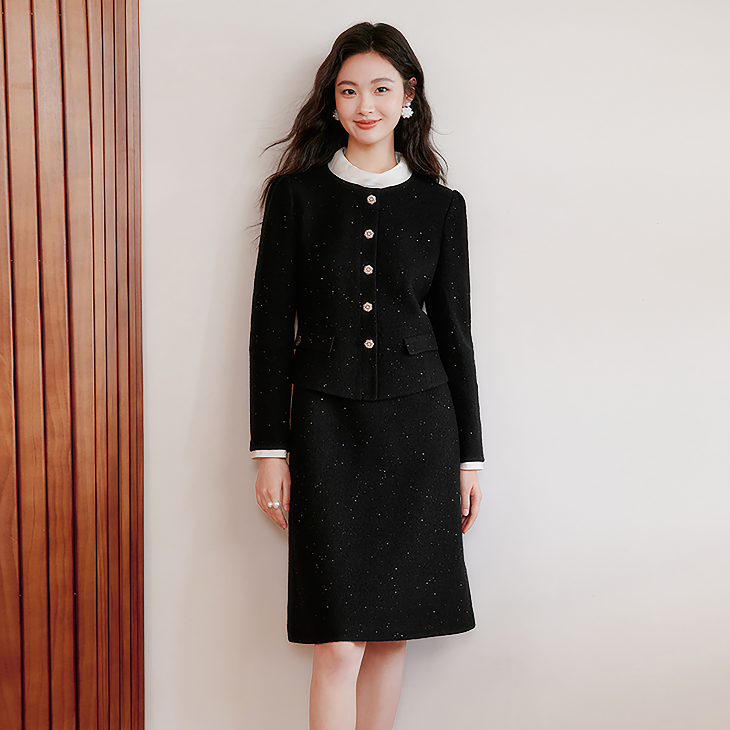 珂莱同款气质拼接假两件连衣裙女