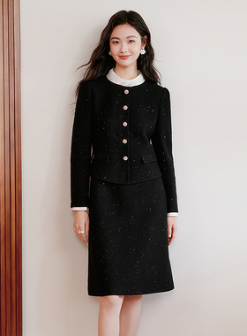 珂莱商场同款25冬新款黑色气质拼接假两件圆领连衣裙女 KF12731W0