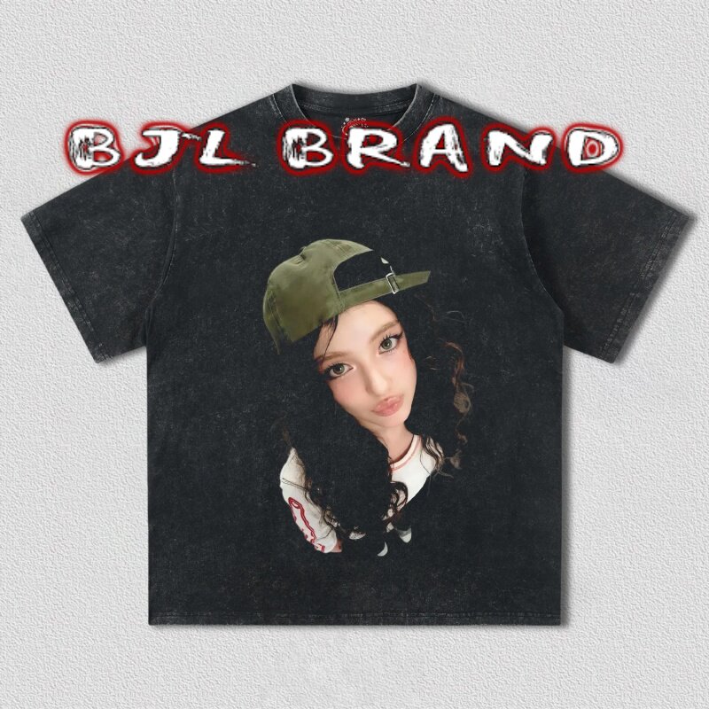 thumbnail for Danielle girl group American vintage breathable printed high street short sleeve small neckline, heavyweight pure cotton vintage loose trendy style