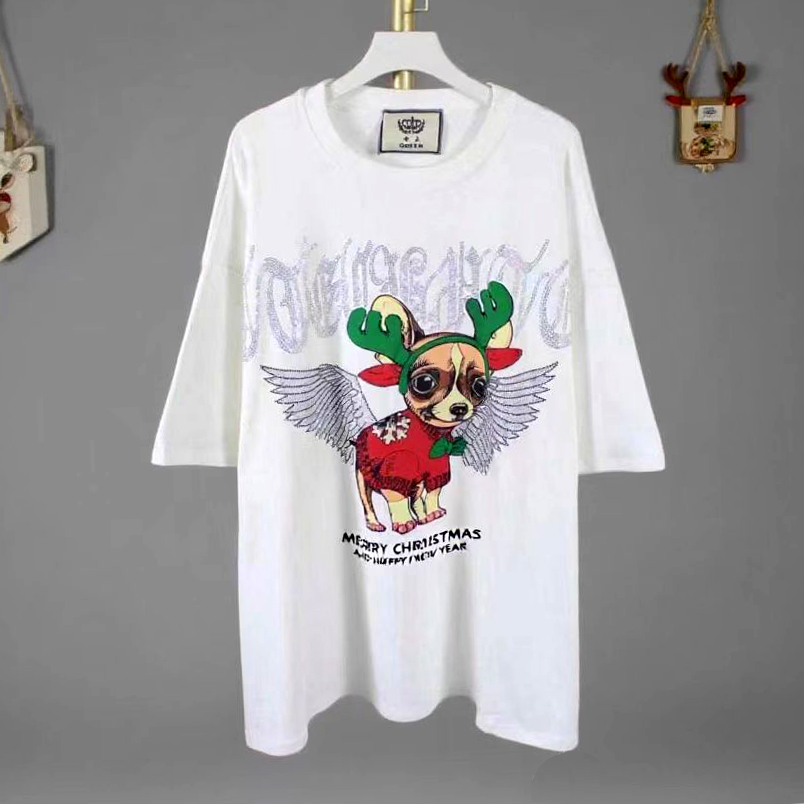 圣诞鹿烫钻谗钻圆领宽松大版打底