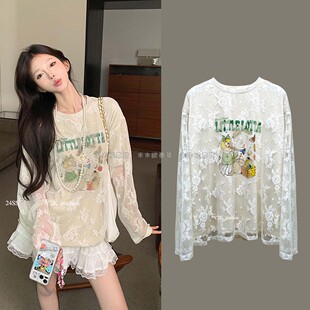 透明卡通长袖 新款 宽松t恤上衣 女假两件拼接2024夏季 防晒服蕾丝衫