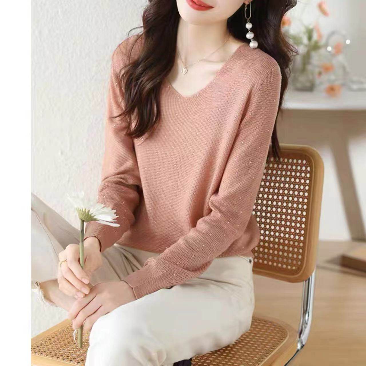 烫钻毛衣2026商场同款春季新款时尚高级V领长袖针织衫打底外穿女,女装/女士精品,毛衣,淘宝优惠券,粉丝福利购,淘宝优惠卷