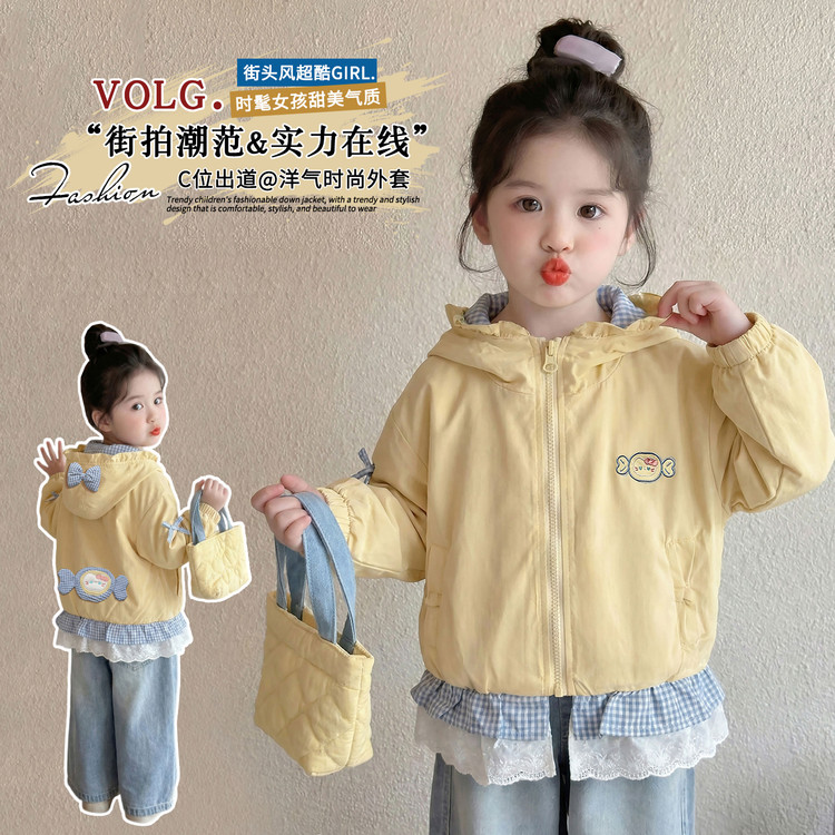女童春秋外套女宝可爱卡通糖果绣花拼格子蕾丝风衣夹克小女孩秋装