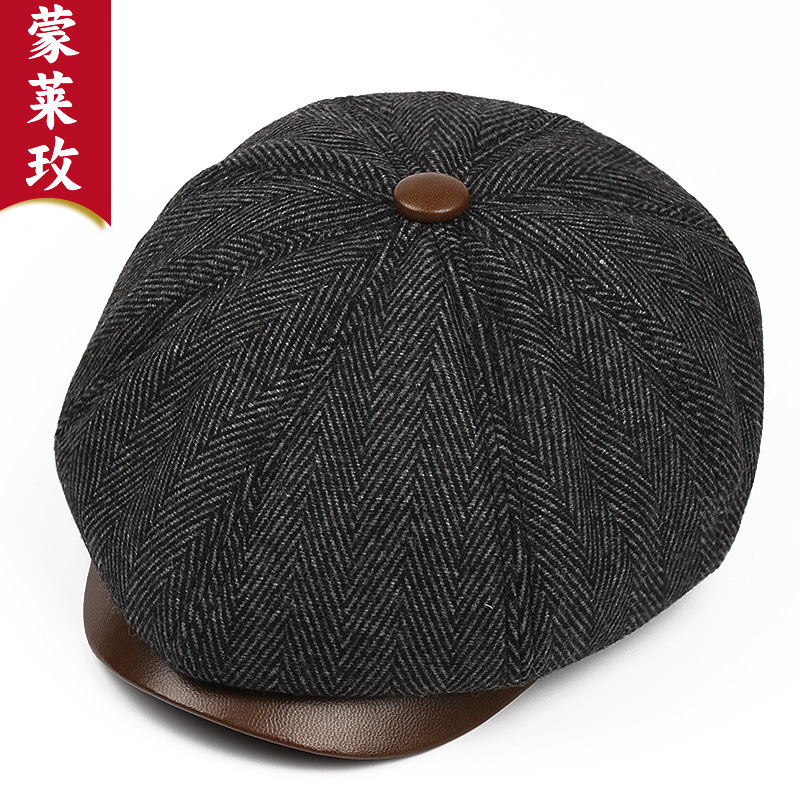 2025春秋季羊毛混纺休闲男士复古八角帽子中老年人英伦画家报童帽