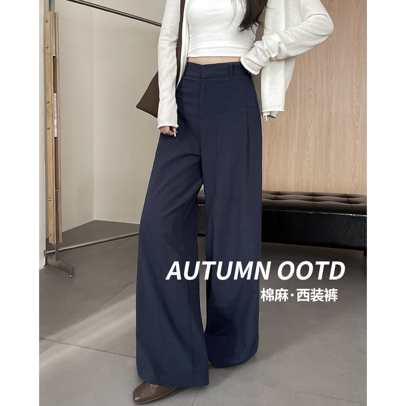 藏青色棉麻阔腿裤女2025新款高腰