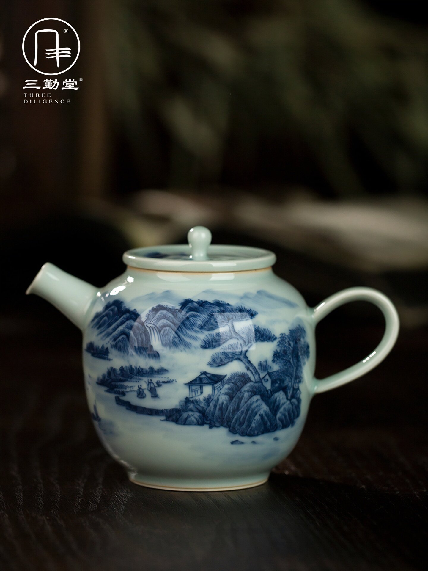 三勤堂山水茶壶青花纯手工茶壶泡茶家用单人容量过滤功夫茶具单壶