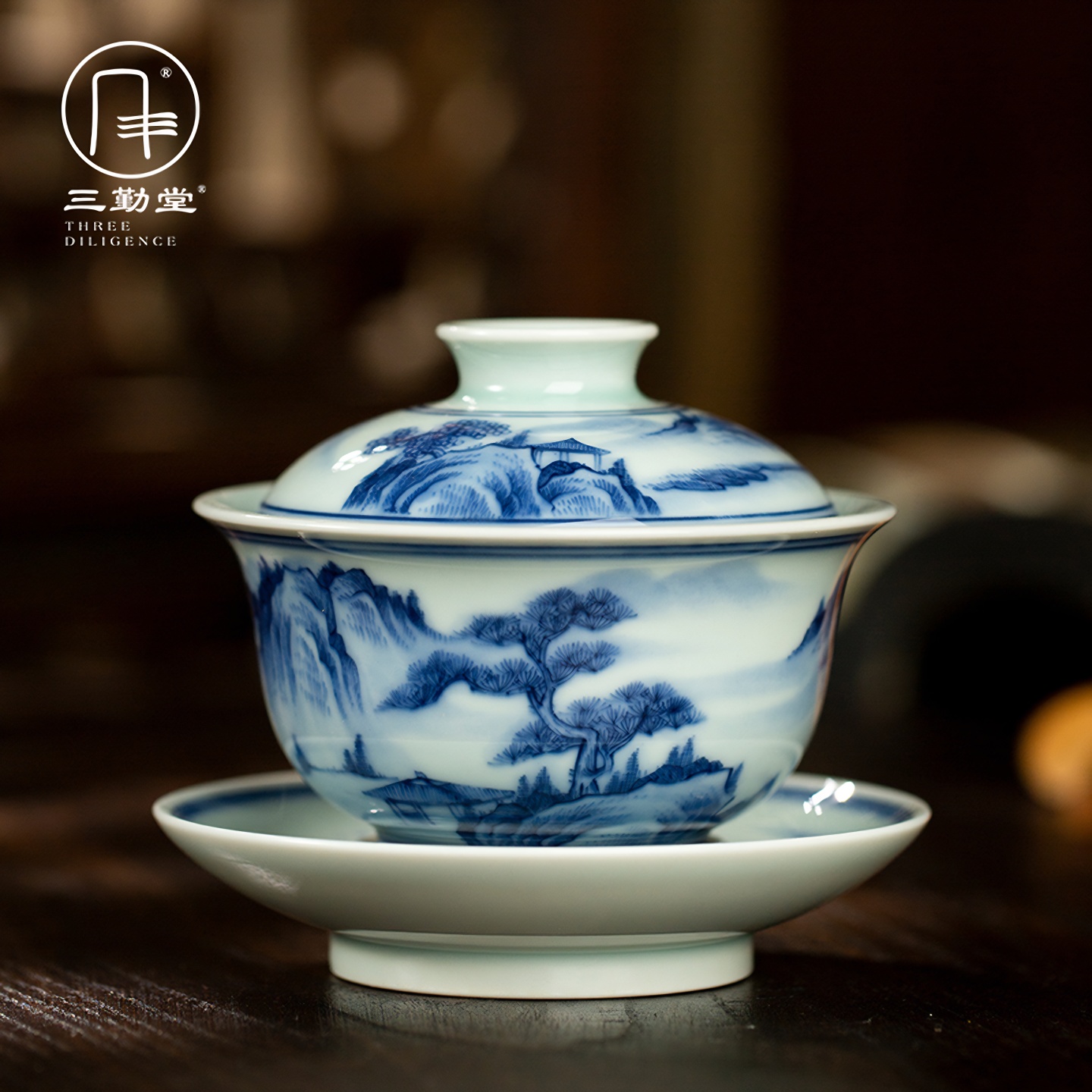 手绘青花瓷三才盖碗陶瓷茶具