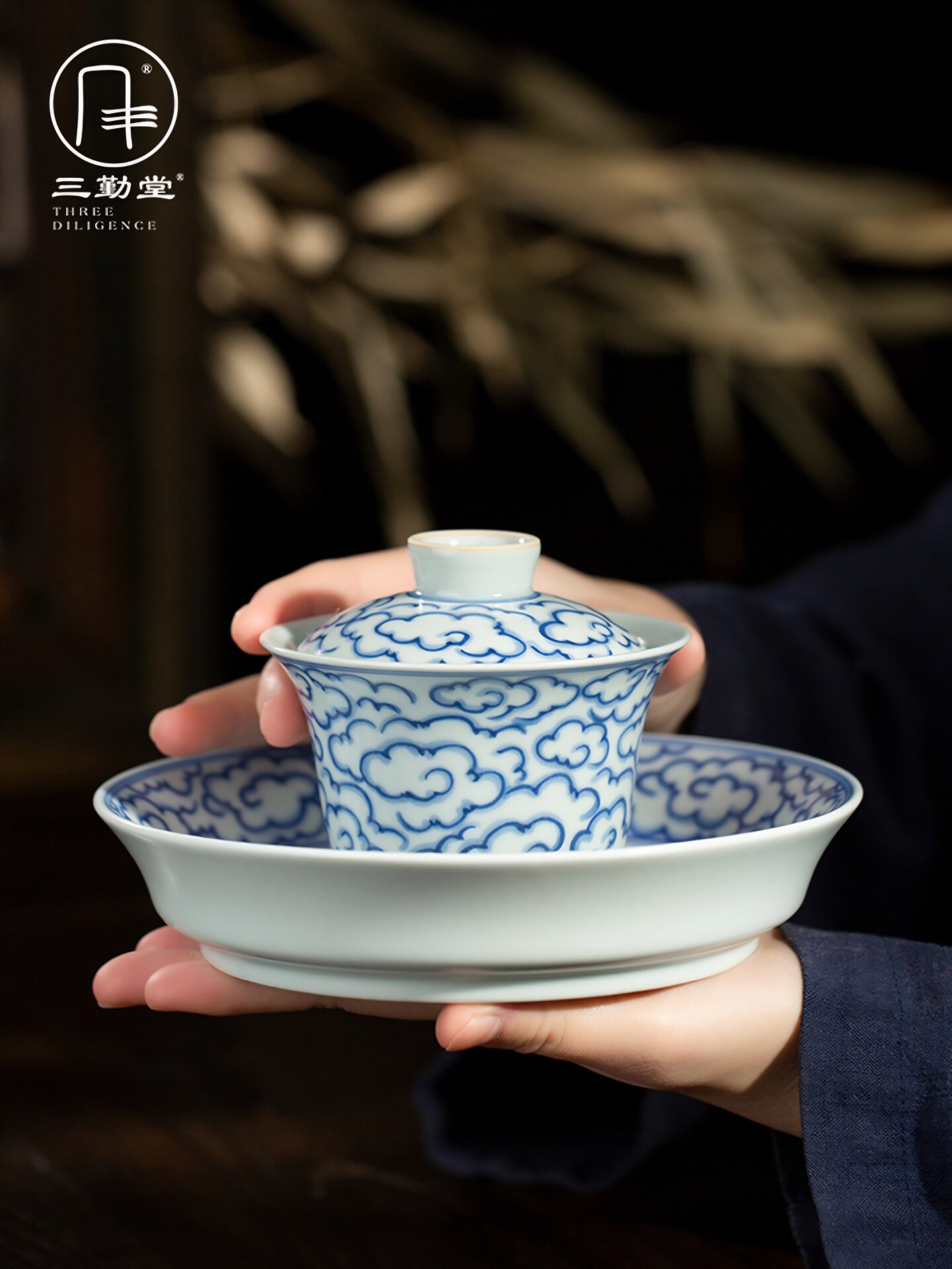 三秦堂陶瓷青花功夫茶具中国风手绘二彩荸荠盖碗壶套茶具茶杯
