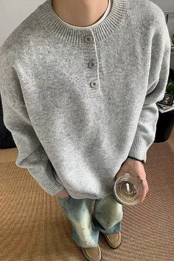 灰色亨利领毛衣秋冬高级感慵懒风打底针织衫LF527P40特加绒P55,男装T恤,电商D256-2(原A064-2)