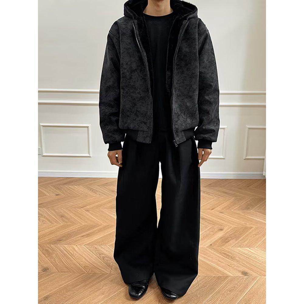 美式cleanfit灰PU皮座山雕外套加厚保暖仿兔毛连帽棉服NB272P105,男装棉衣,电商D256-2(原A064-2)