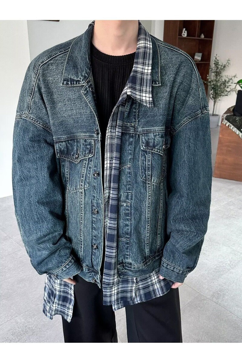 小众假两件不规则牛仔夹克格子拼接设计叠穿宽松衬衫外套M341P75,男装衬衫,电商D256-2(原A064-2)