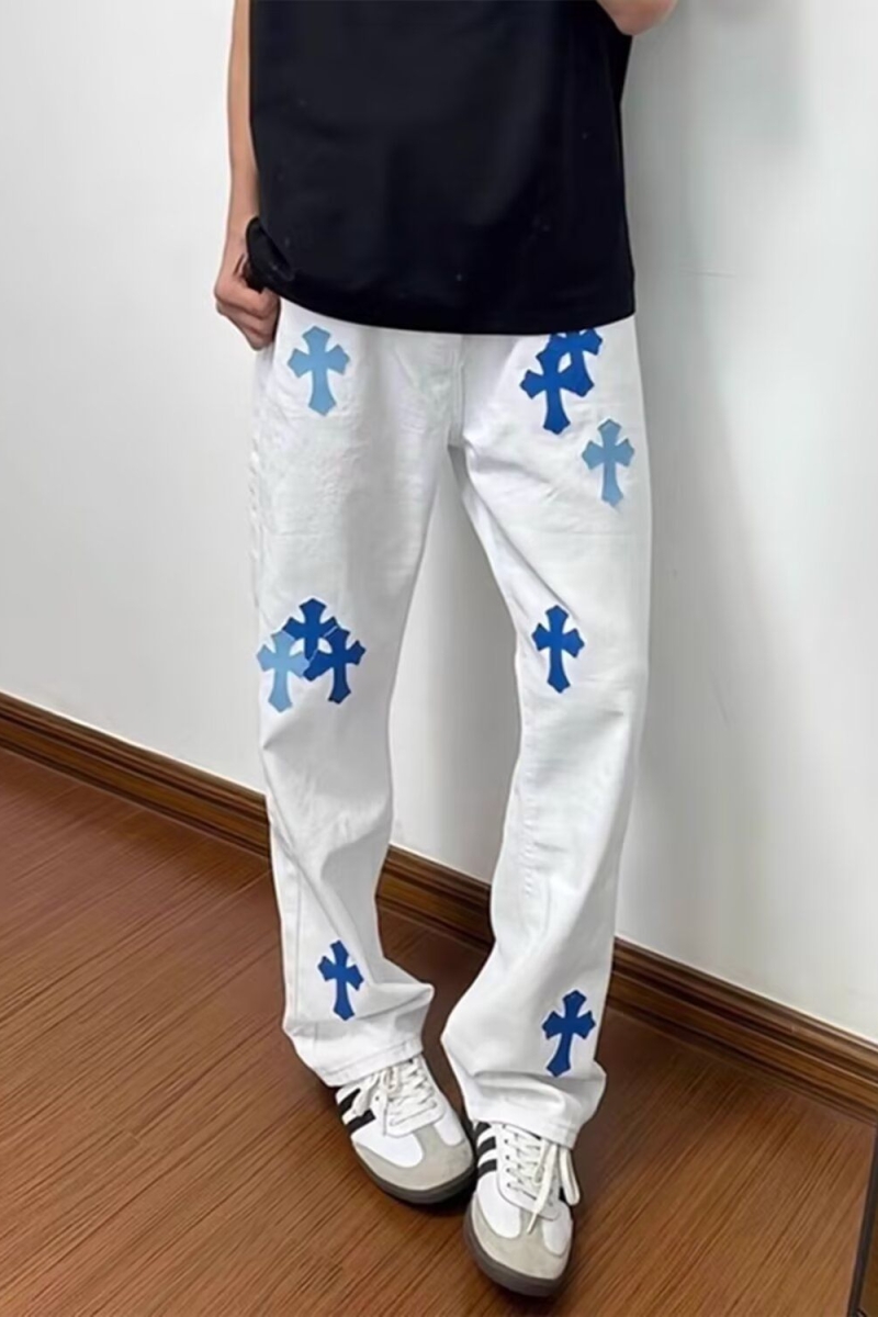 欧货潮牌克罗经典彩色十字架拼皮牛仔裤男女同款时尚裤NB32P45，男装皮裤，电商D256-2(原A064-2)