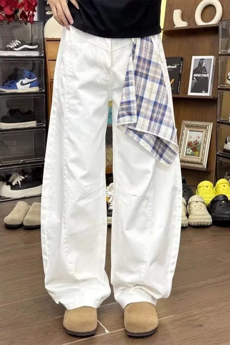 美式复古格子拼接弯刀工装裤男秋潮牌宽松阔腿休闲长裤HK24P50,男装牛仔裤,电商D256-2(原A064-2)