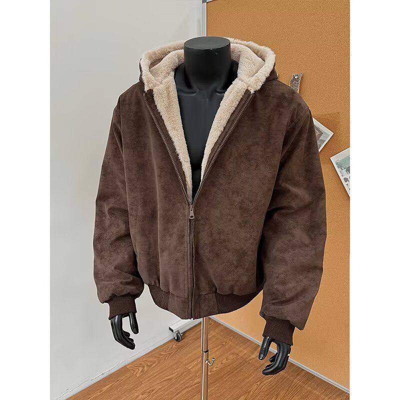 美式cleanfit灰PU皮座山雕外套加厚保暖仿兔毛连帽棉服NB272P105,男装棉衣,电商D256-2(原A064-2)
