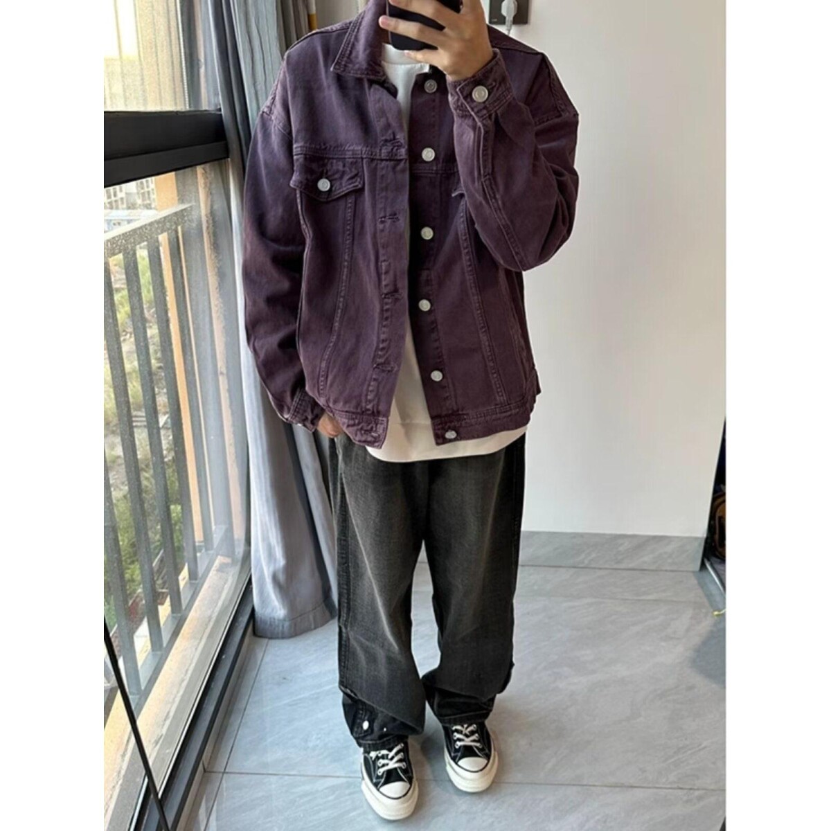 紫色牛仔外套日系潮牌复古翻领工装夹克宽松大码休闲上衣SK26 P65图片